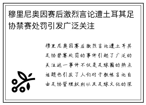 穆里尼奥因赛后激烈言论遭土耳其足协禁赛处罚引发广泛关注 穆里尼奥因赛后激烈言论遭土耳其足协禁赛处罚引发广泛关注
